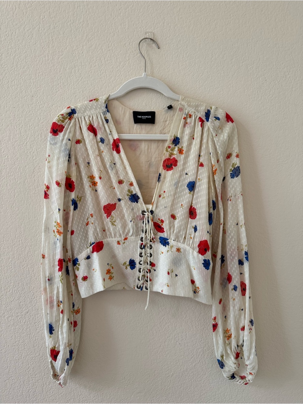 The Kooples White Floral Lace-Up V-Neck Peasant Blouse